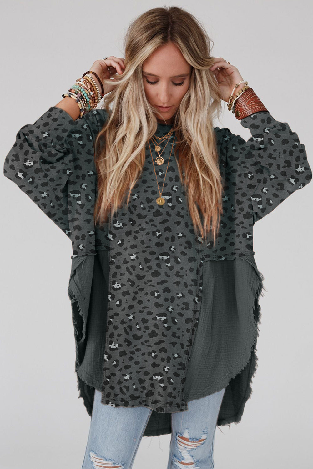 Gray Raw Edge Leopard Patchwork Oversized Blouse