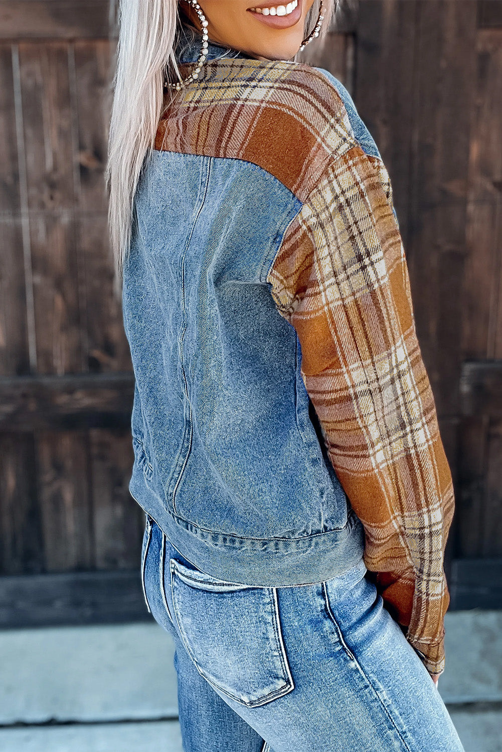 Sky Blue Medium Wash Plaid Sleeves Denim Jacket