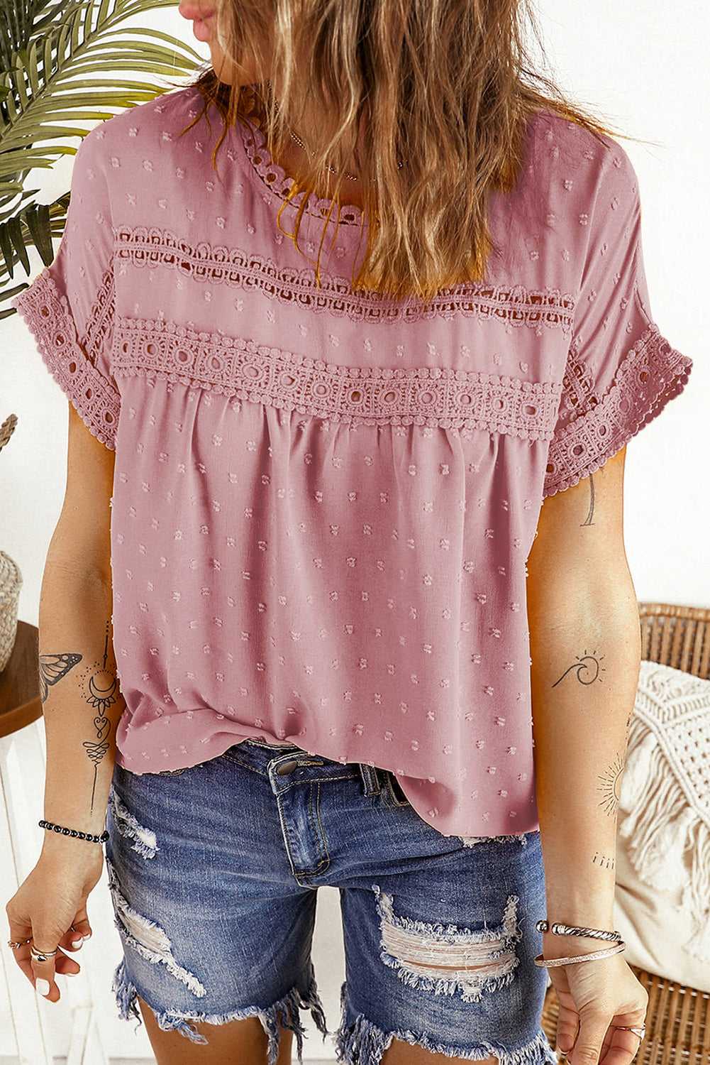 Pink Swiss Dot Lace Splicing Short Sleeve Top