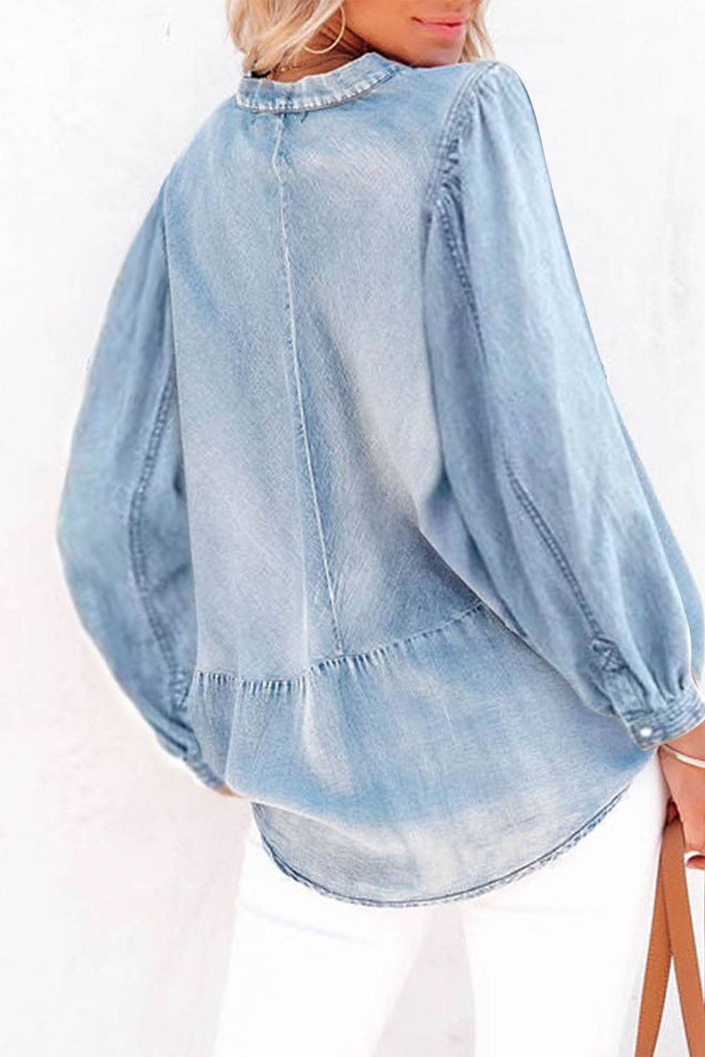 Sky Blue Split V-Neck Balloon Sleeve Ruched Denim Top