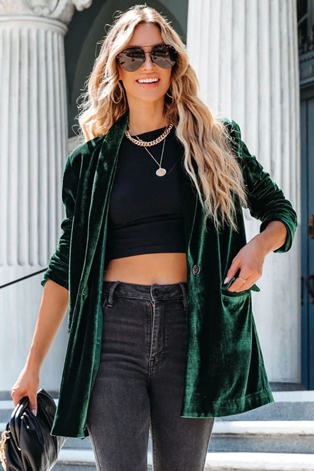 Green Casual Pocketed Velvet Blazer