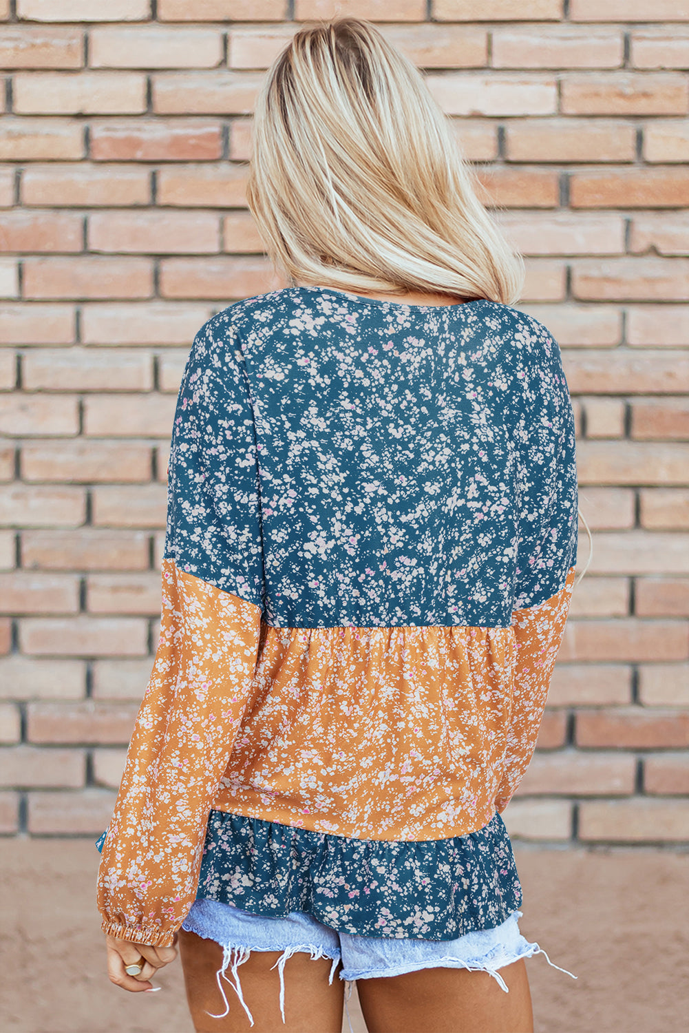 Orange Floral Color Block Ruffled Hem Round Neck Blouse