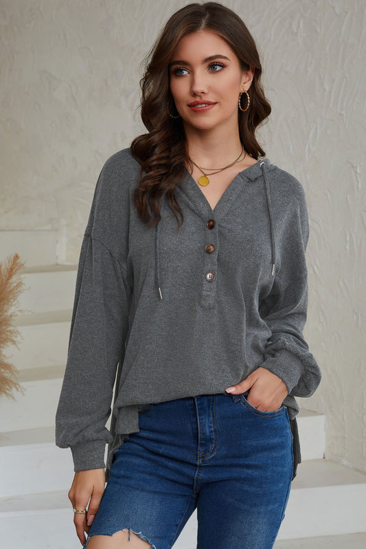 Gray Buttoned High and Low Hem Hoodie