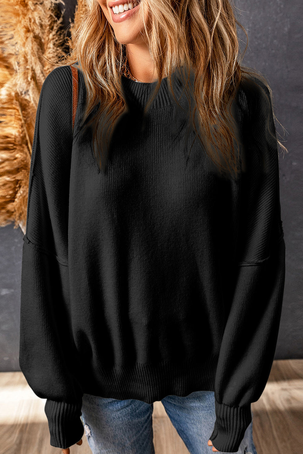 Black Oversized Drop Shoulder Bubble Sleeve Pullover Sweater