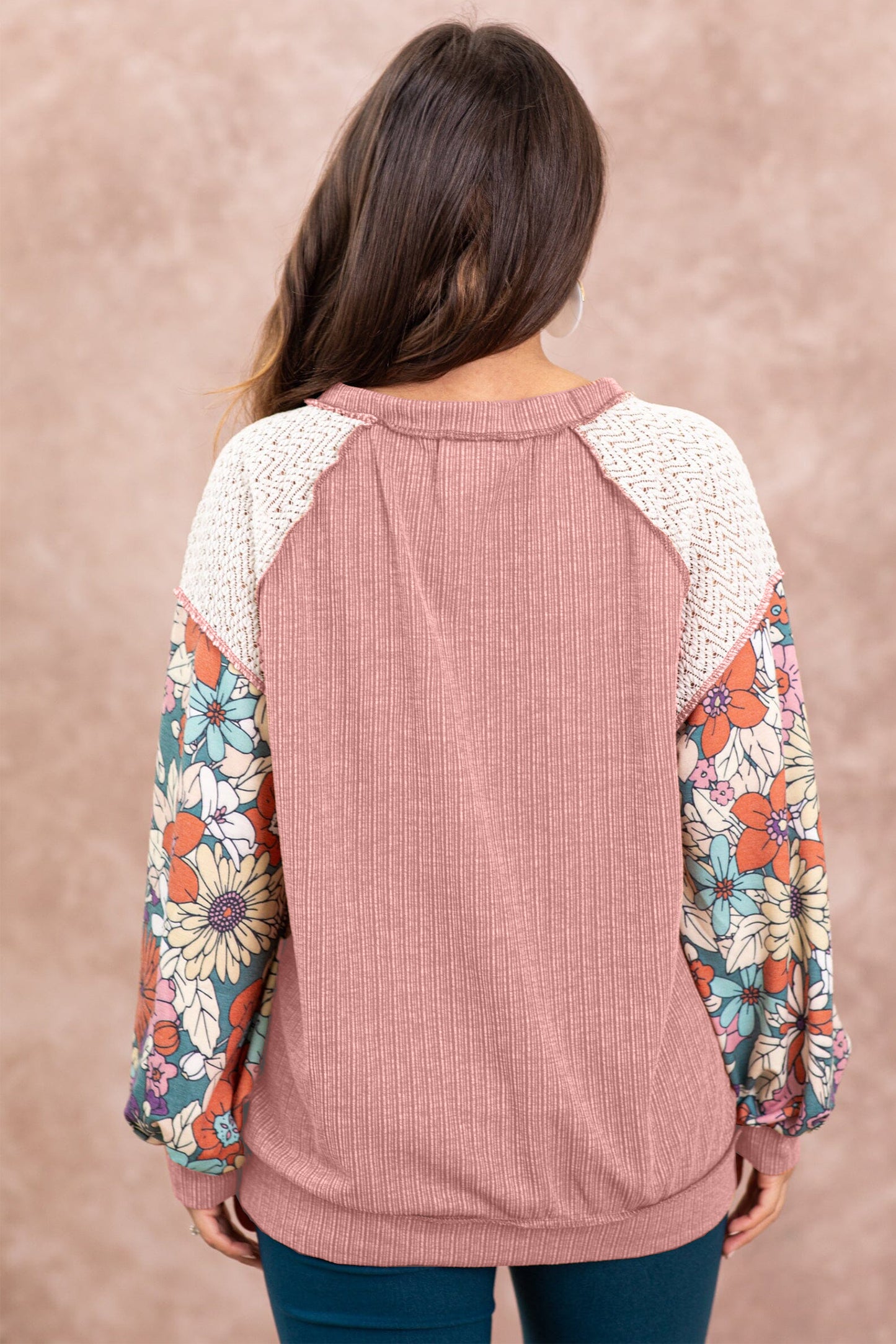 Rose Pink Floral Patchwork Puff Sleeve Textured Blouse