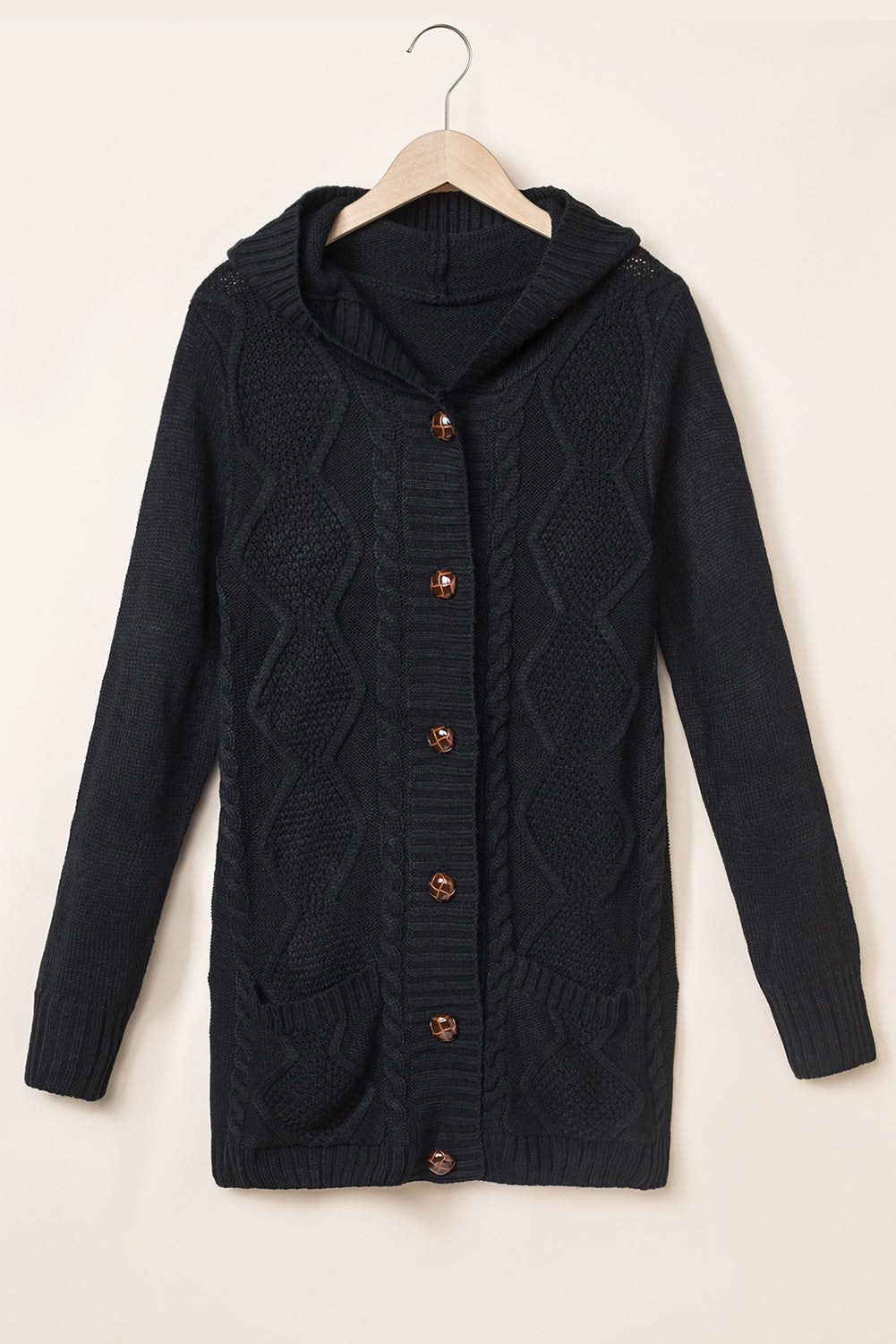 Black Twist Pattern Knit Button Front Hooded Cardigan