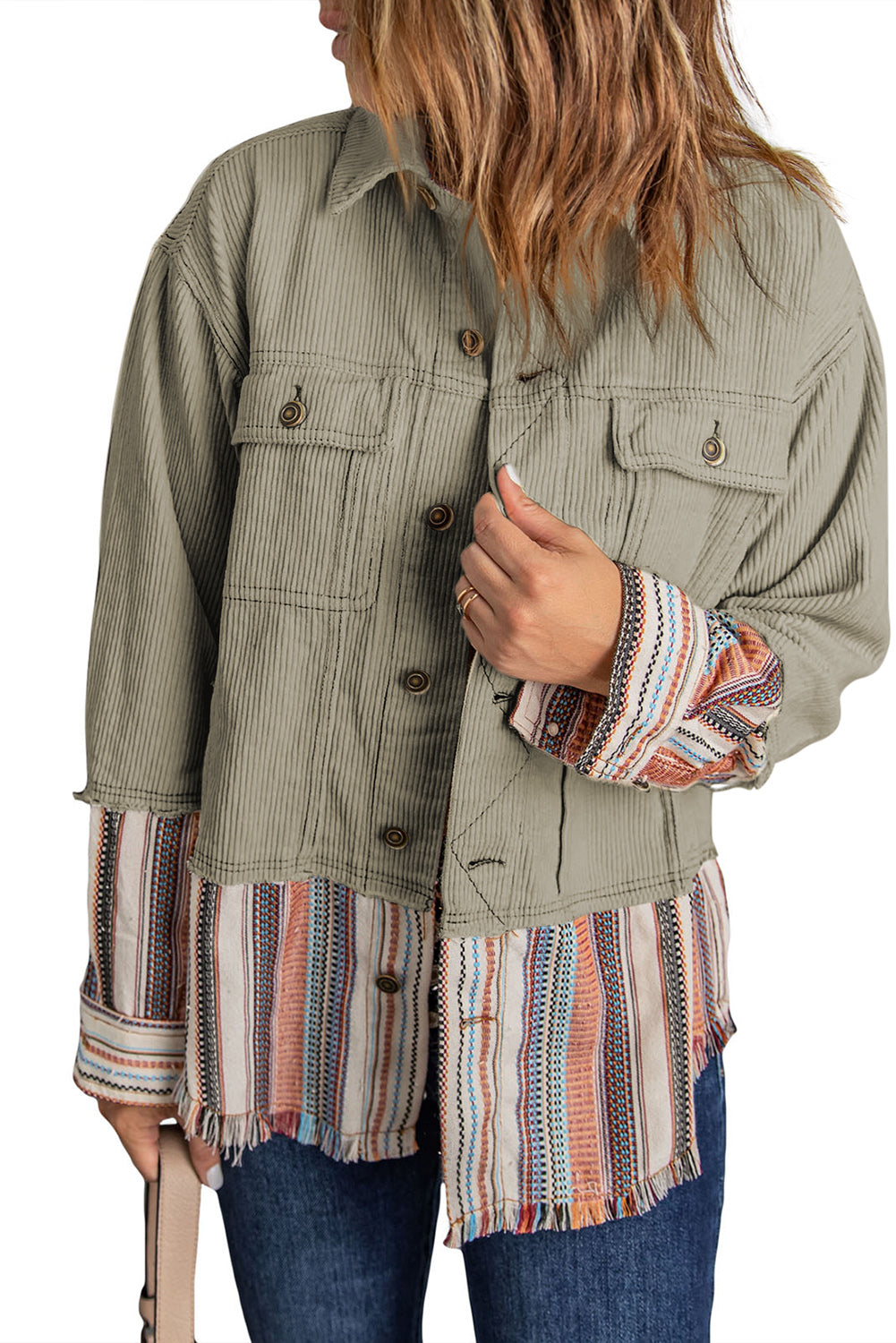 Green Button Up Pockets Striped Color Block Corduroy Jacket