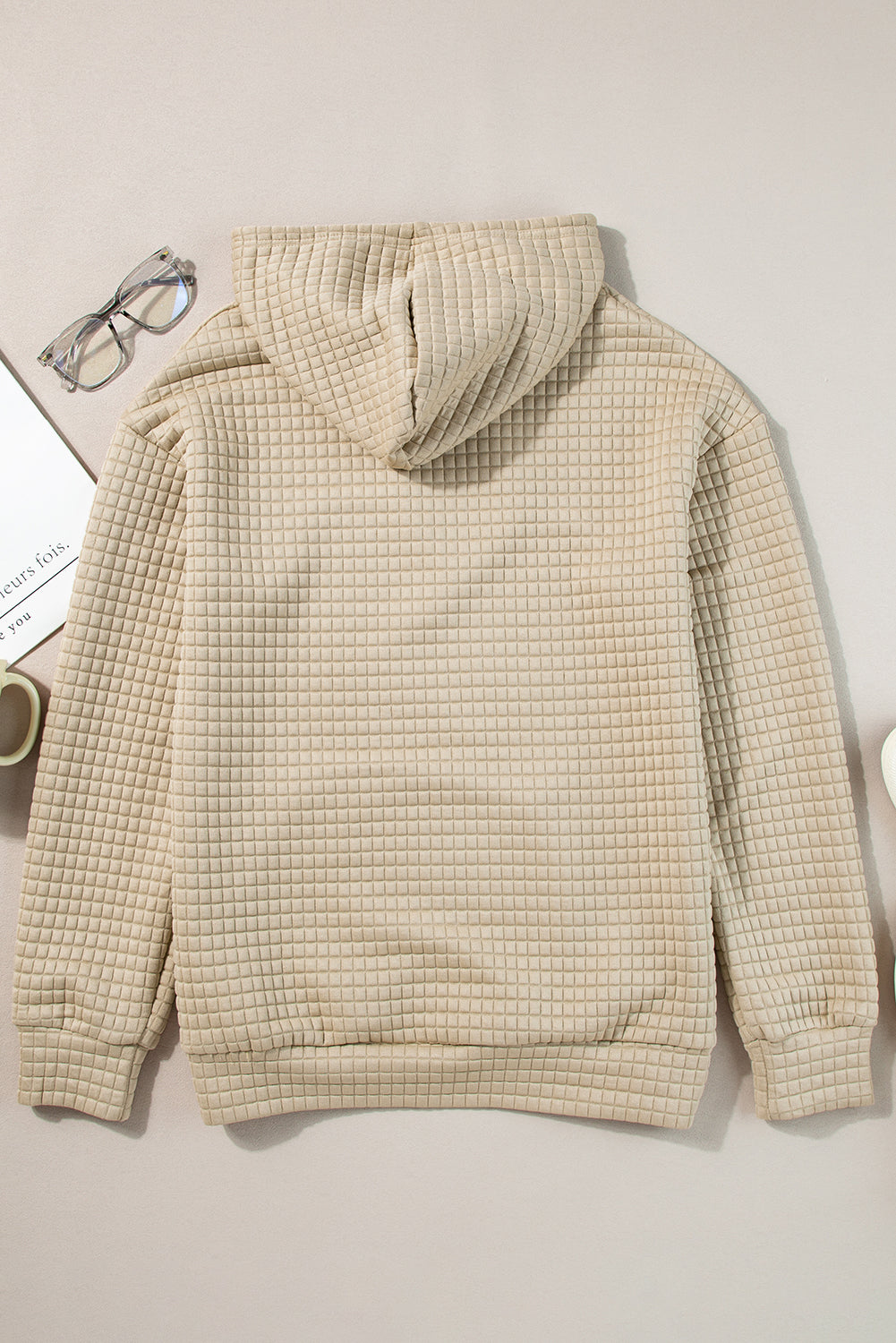 Khaki Quilted Kangaroo Pocket Drawstring Hoodie