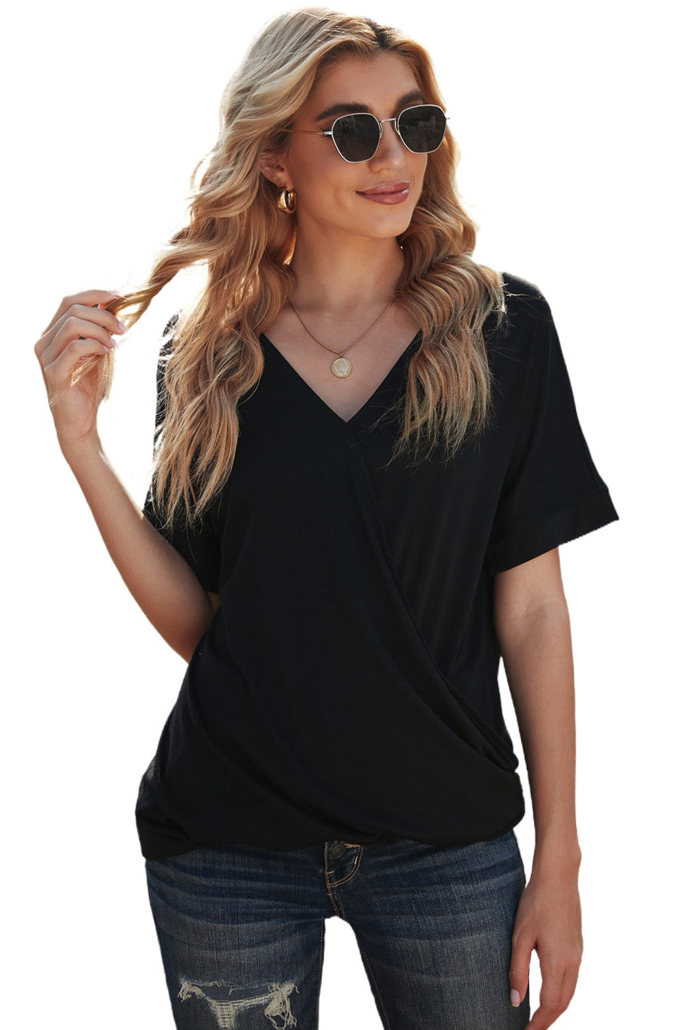 Black Short Sleeves Drape Knit Top