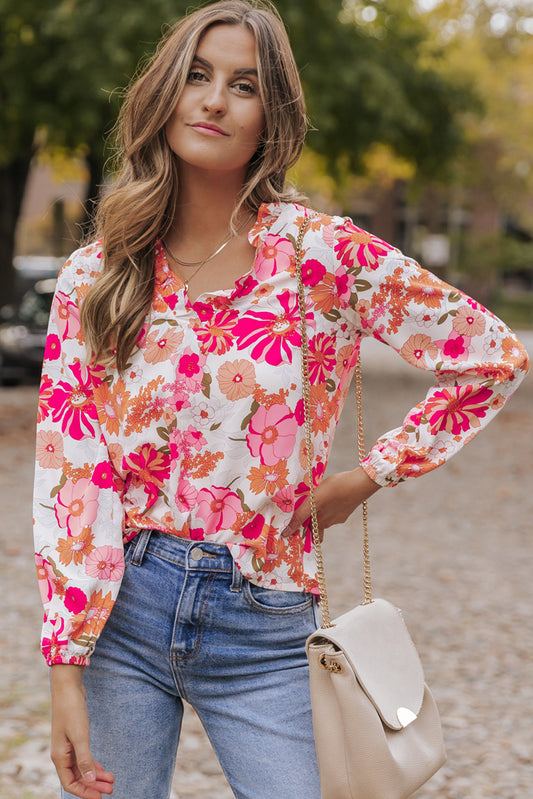 Bright White Floral Print Split V Neck Blouse