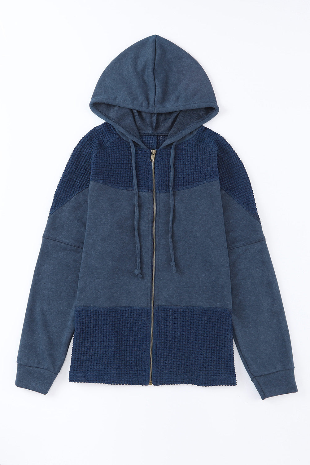 Blue Waffle Patchwork Vintage Washed Hooded Jacket