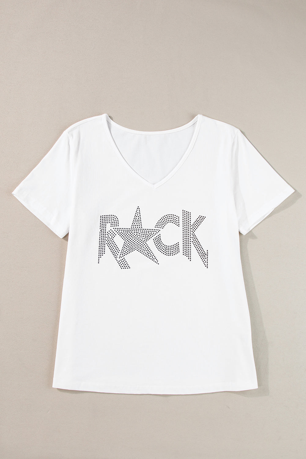 White Rhinestoned ROCK Star Graphic V Neck T Shirt