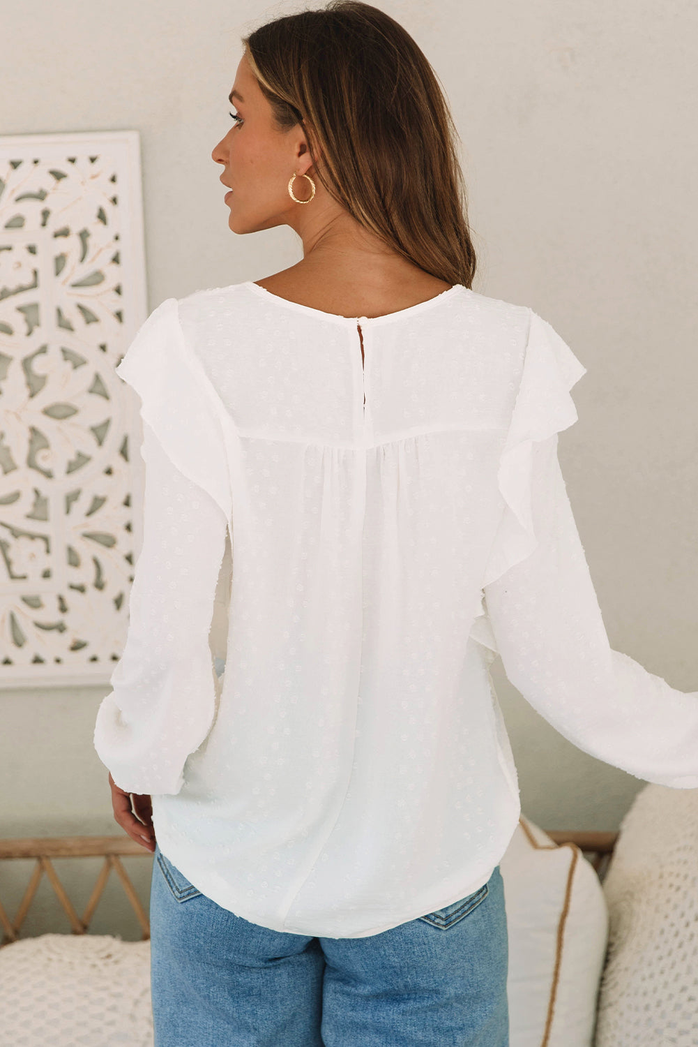 White Lace Eyelet Ruffle Shoulder Long Sleeve Blouse