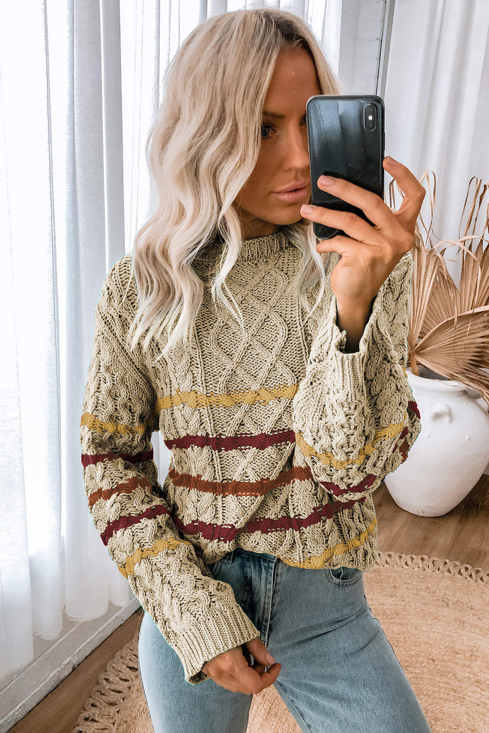 Khaki Striped Color Block Textured Knit Pullover Sweater