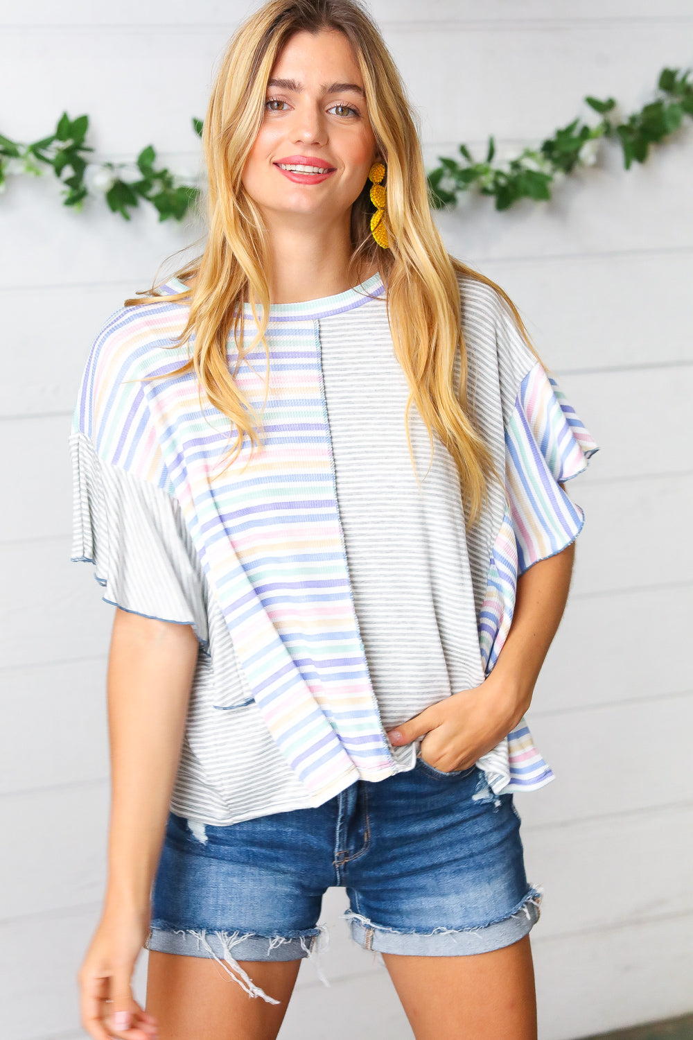 Plum Stripe Color Block Ruffle Sleeve Top