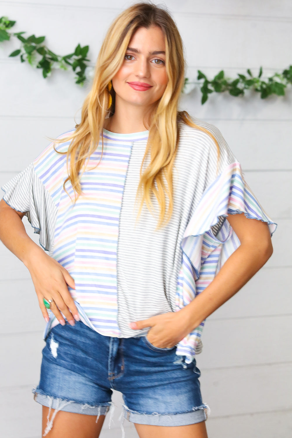 Plum Stripe Color Block Ruffle Sleeve Top