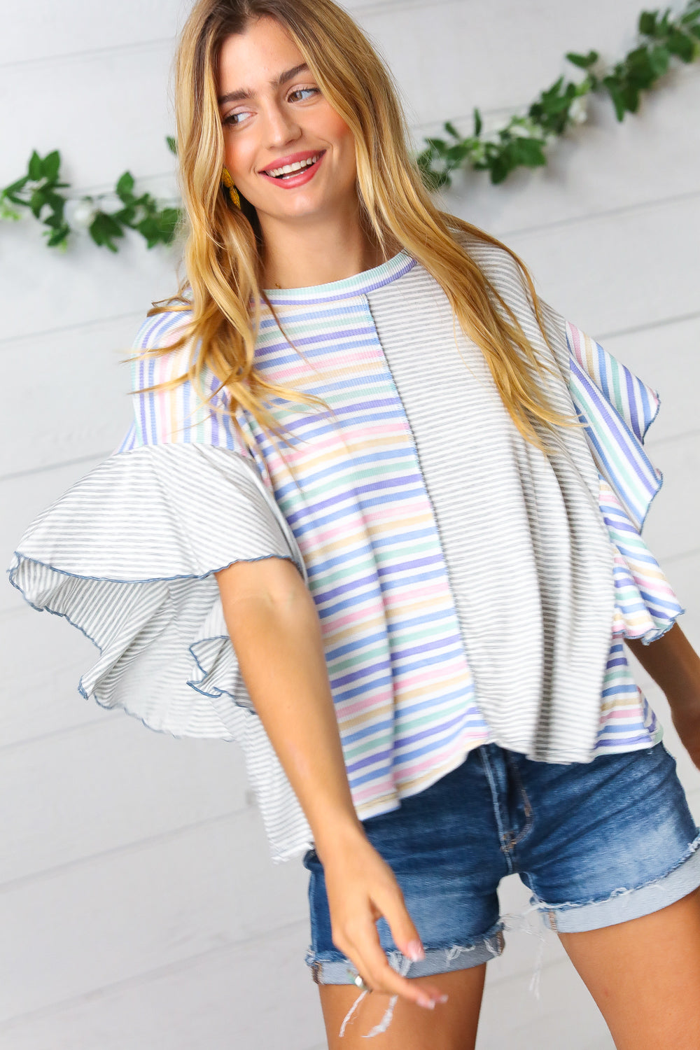 Plum Stripe Color Block Ruffle Sleeve Top