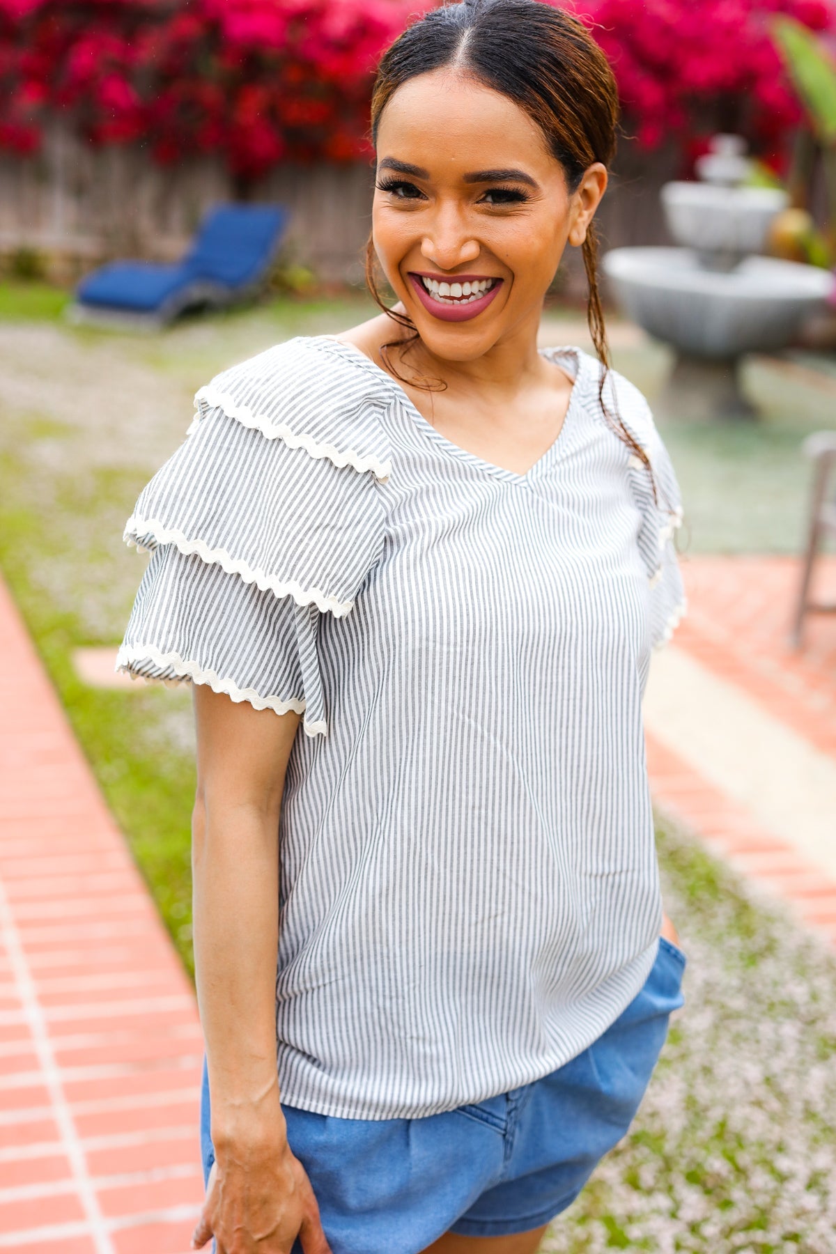 Lovely In Gray Stripe Tiered Ruffle Sleeve Ric Rac Trim Top