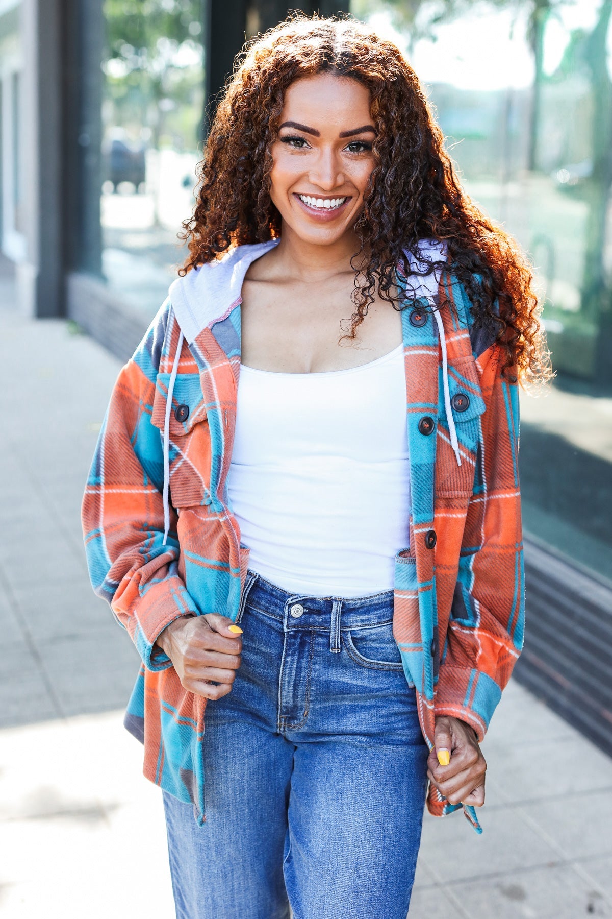 Stand Out Teal & Orange Plaid Fleece Hoodie Shacket