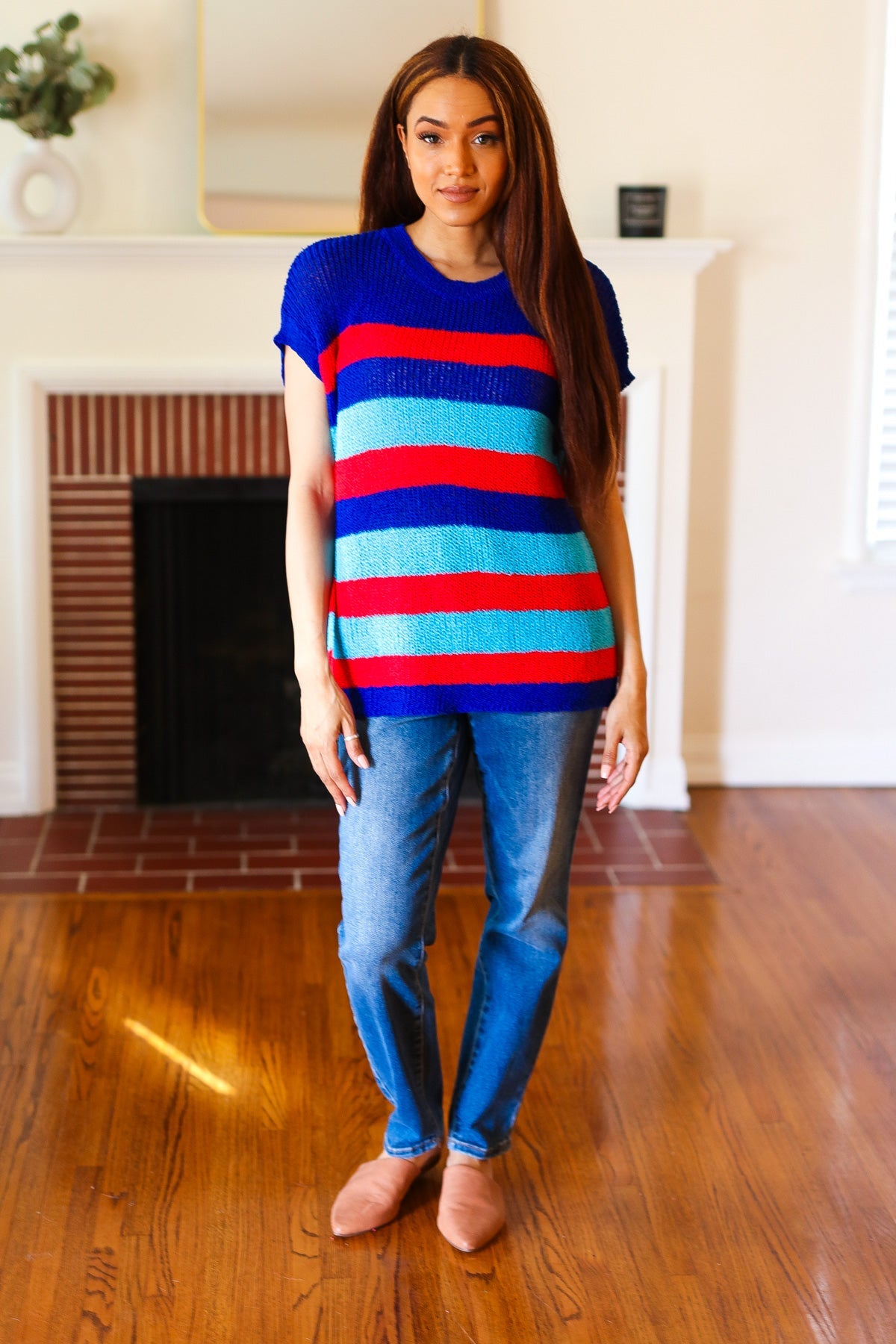 Forget Me Not Royal Blue Stripe Short Sleeve Dolman Sweater