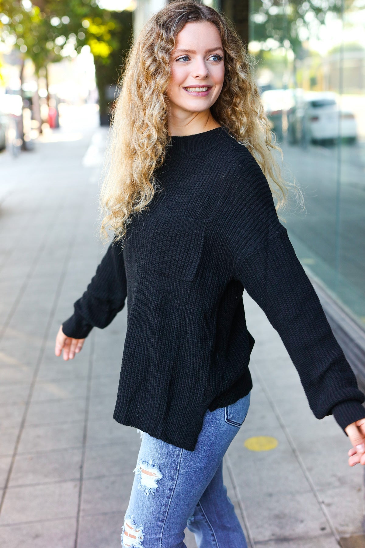 Classy Chic Black Mock Neck Chest Pocket Knit Sweater