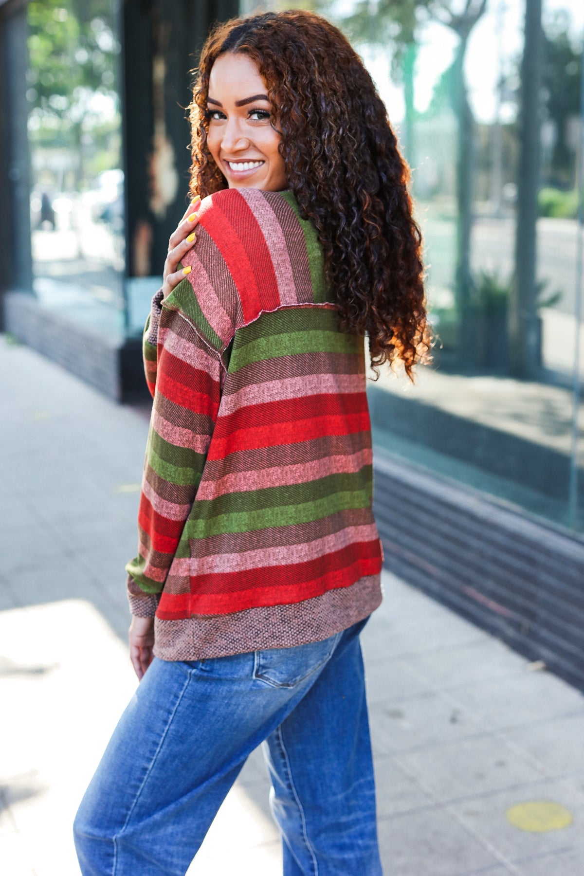 Perfectly You Olive & Mauve Stripe Two-Tone Banded Sweater Top