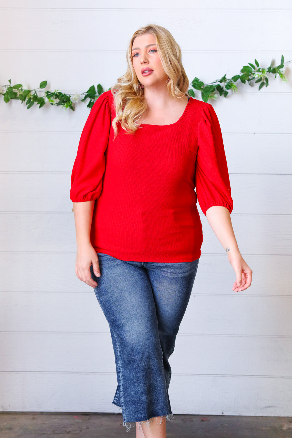 Red Crinkle Bubble Puff Sleeve Blouse