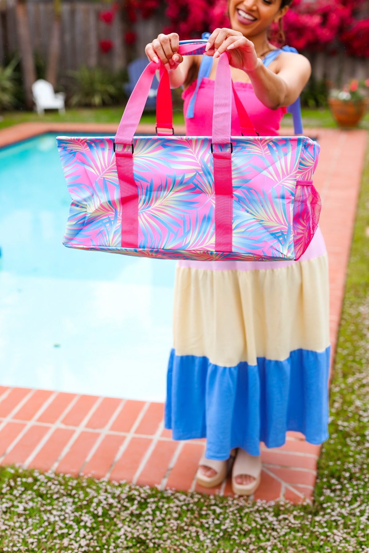 Pink & Blue Tropical Print Collapsible Canvas Strap Tote