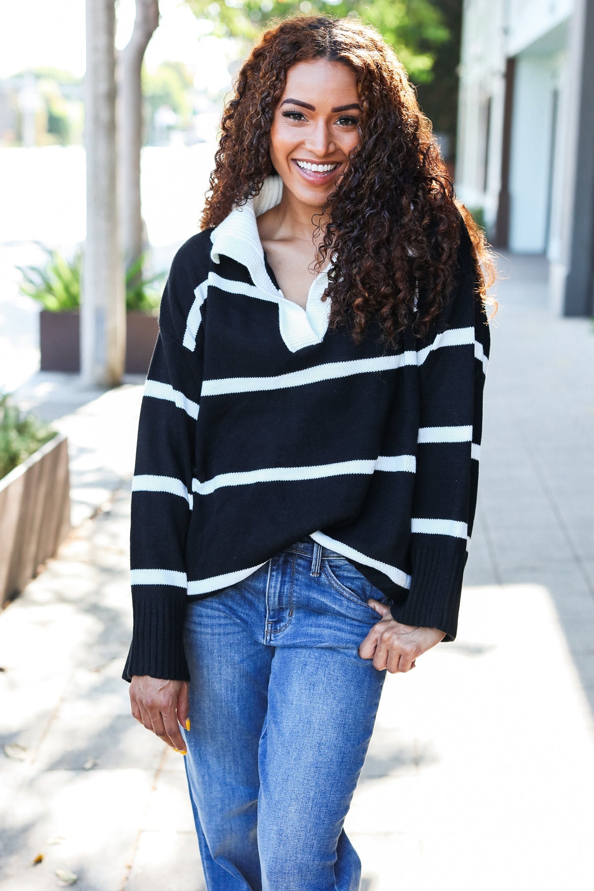 Fall For You Black Stripe Notched Neck Collared Oversized Sweater