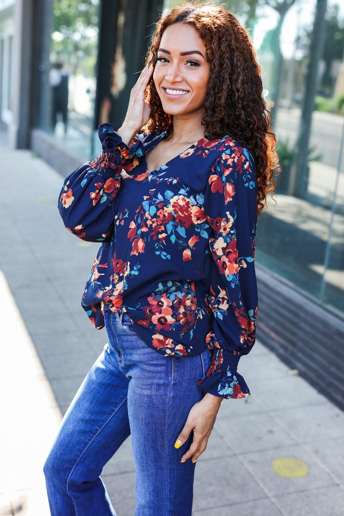 Lovely In Navy Floral Print Smocked Bubble Sleeve Woven Top