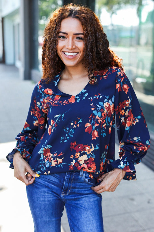 Lovely In Navy Floral Print Smocked Bubble Sleeve Woven Top