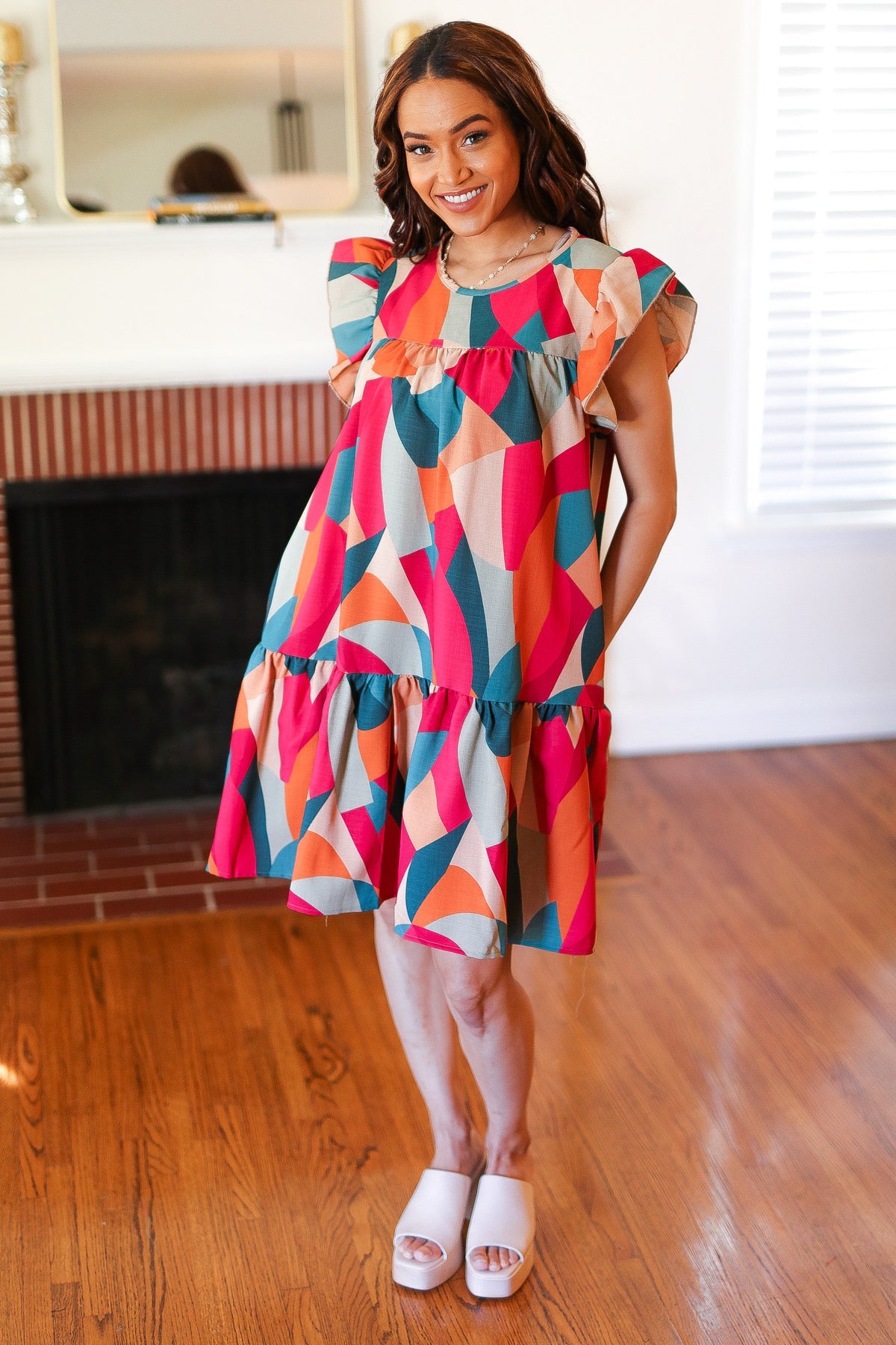 Stand Out Magenta & Teal Geometric Yoke Woven Dress