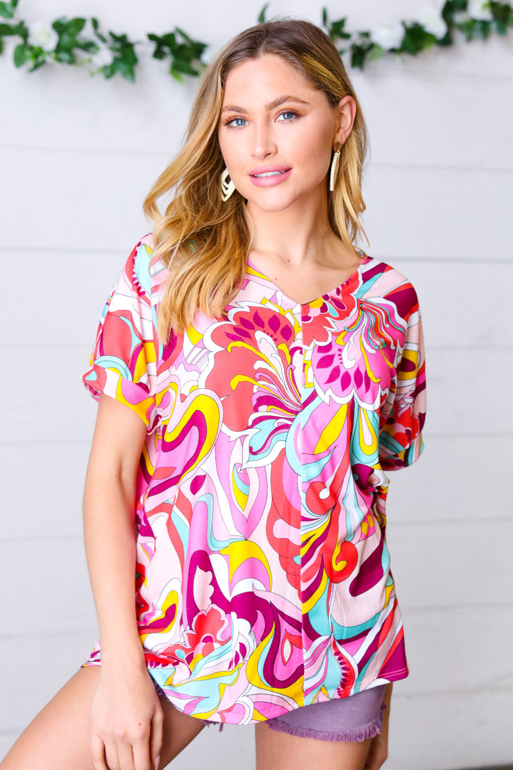 Orange & Pink Geometric Floral V Neck Top