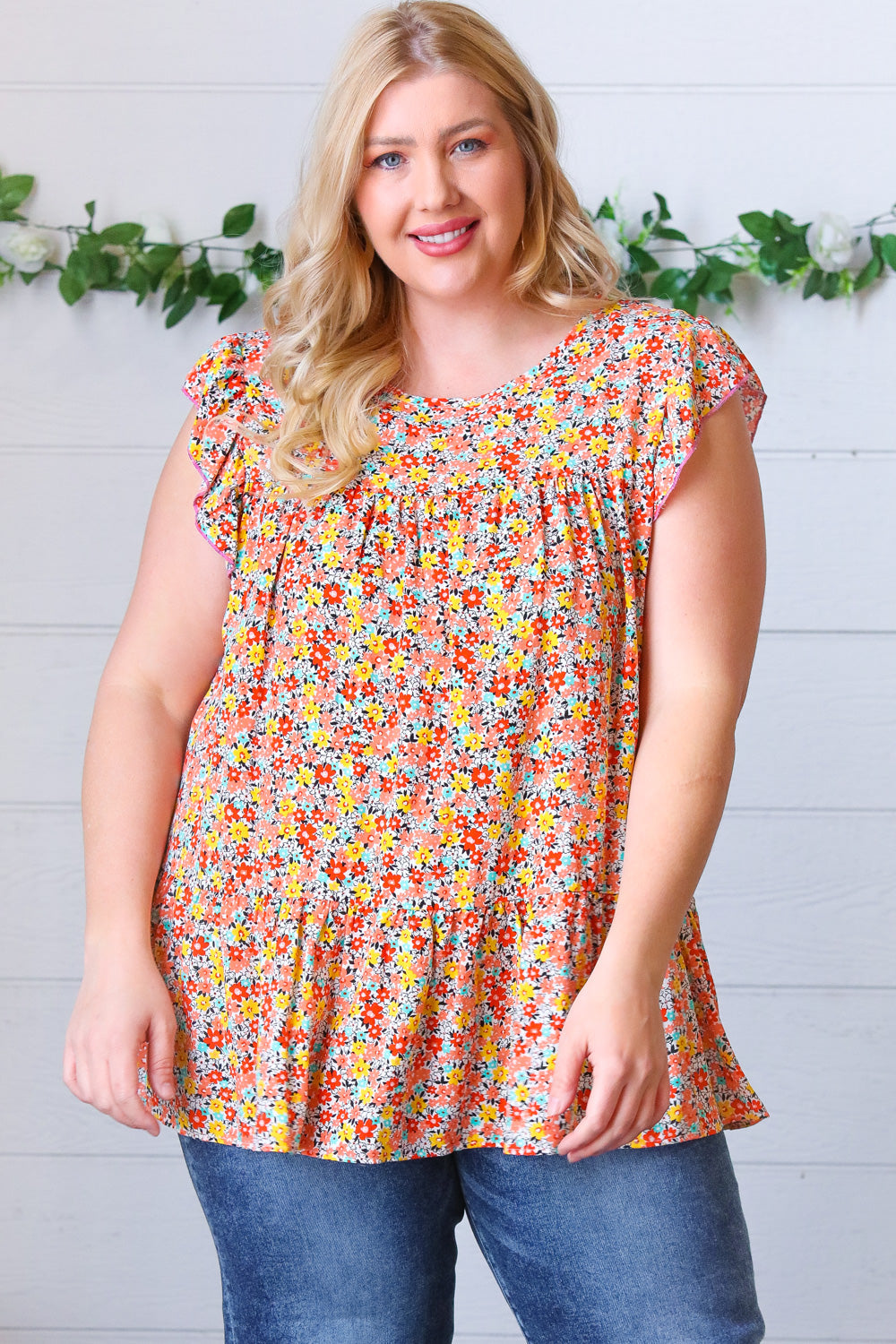 Sunset Floral Print Ruffle Tiered Keyhole Top