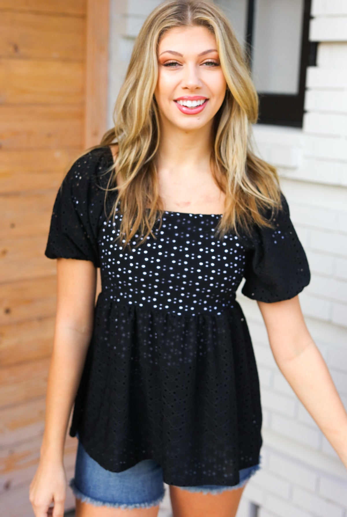 Midnight Eyelet Puff Sleeve Babydoll Top