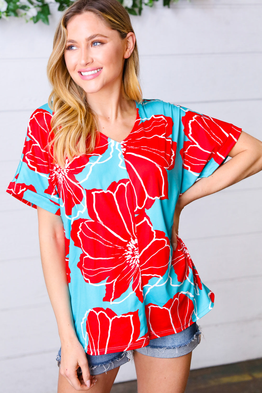 Teal & Cherry Red Floral Print V Neck Top