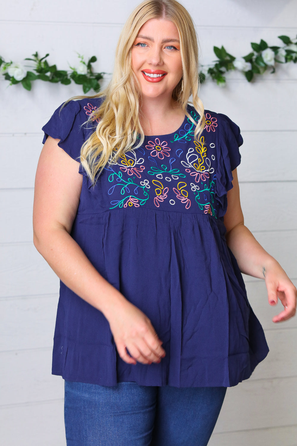 Navy Floral Embroidered Flutter Sleeve Top