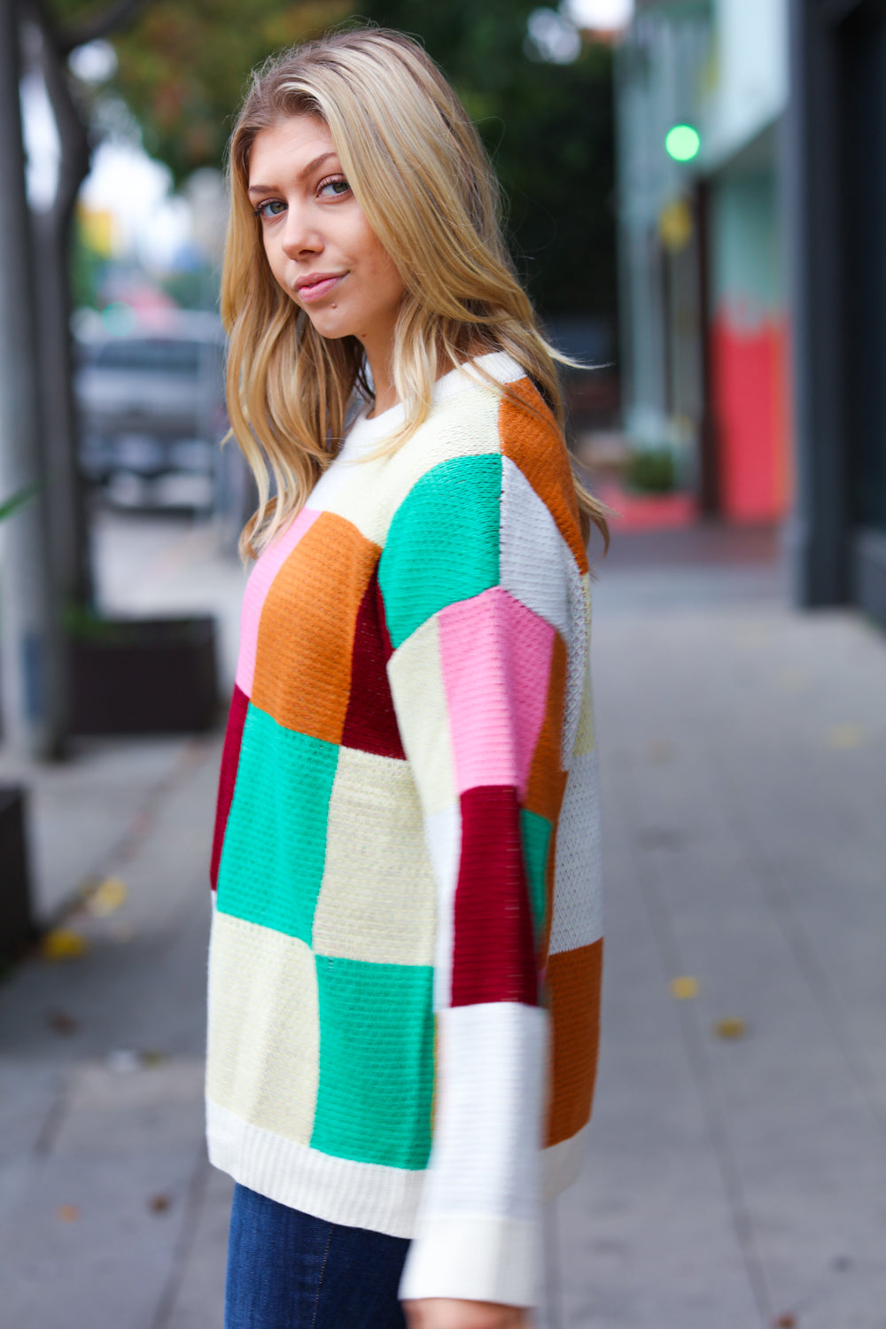 Adorable Ivory & Camel Checker Jacquard Knit Sweater