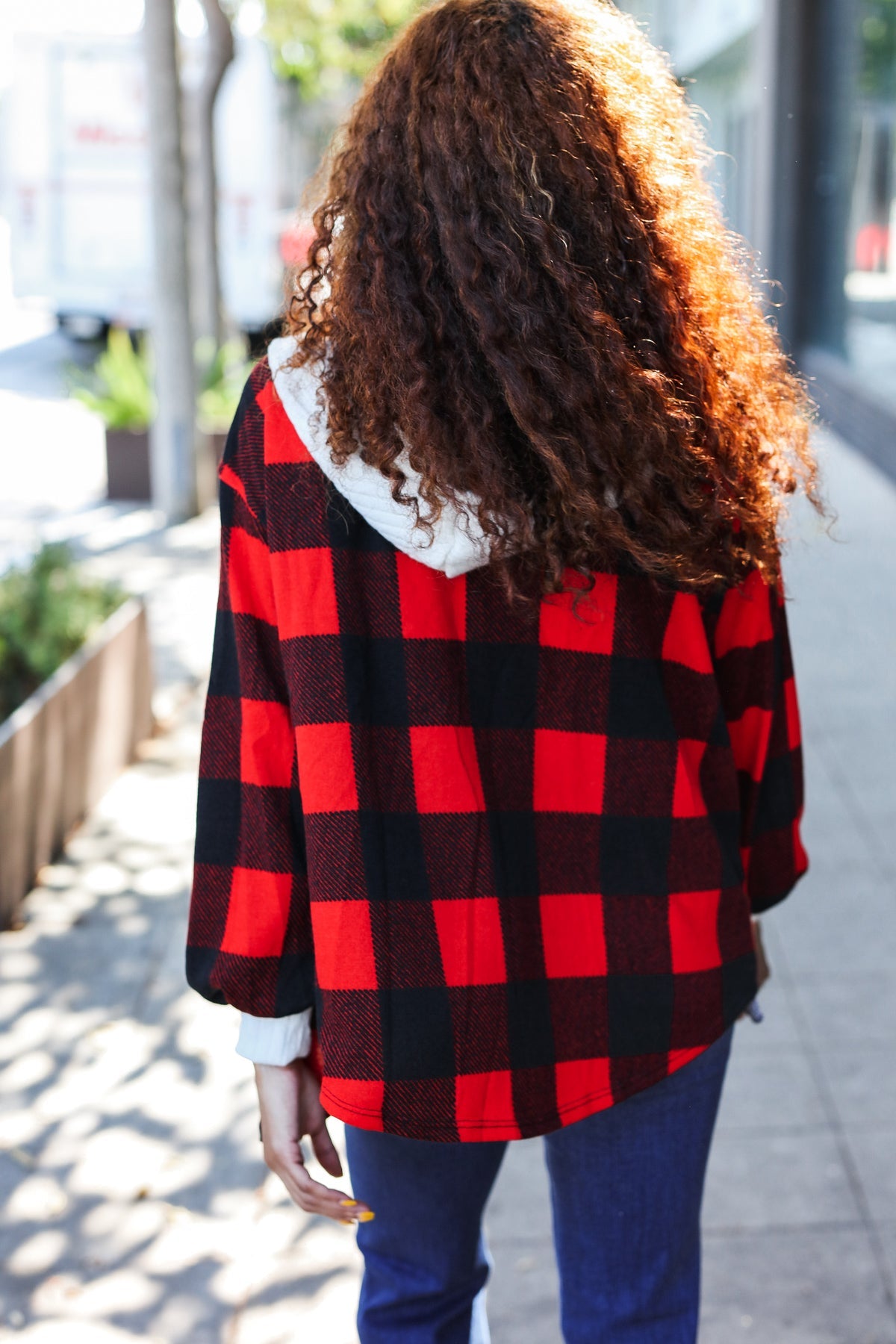 Stepping Out Red Buffalo Plaid Ribbed Hooded Sweater