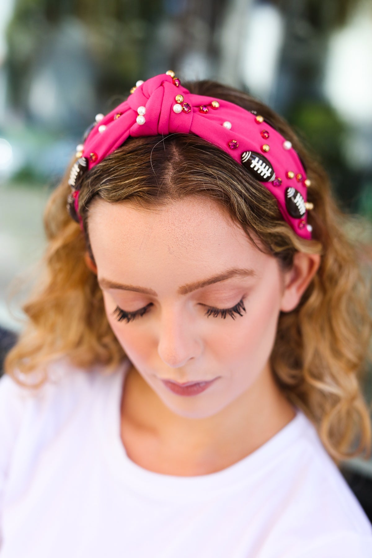 Fuchsia Stone & Gem Football Embellished Top Knot Headband