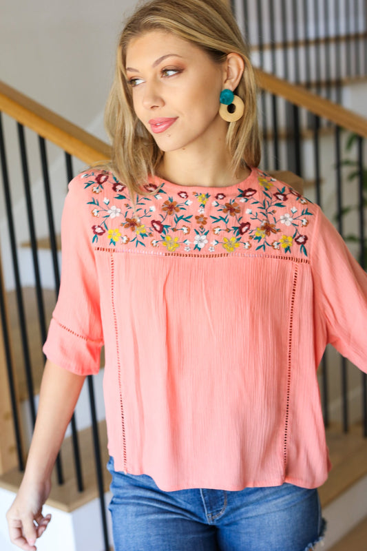 In Your Dreams Peach Floral Embroidery Ladder Trim Blouse