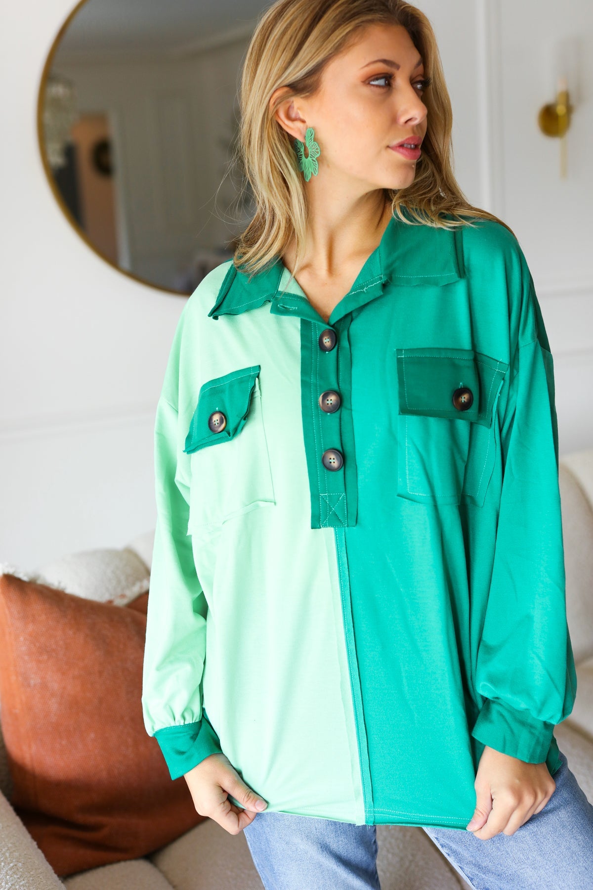 On The Way Up Mint Color Block Button Down Pullover