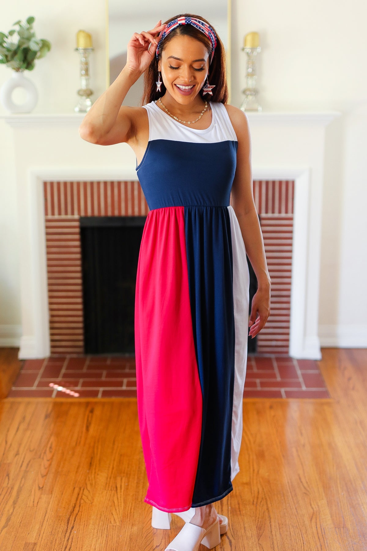 Patriotic Color Block Fit & Flare Maxi Dress