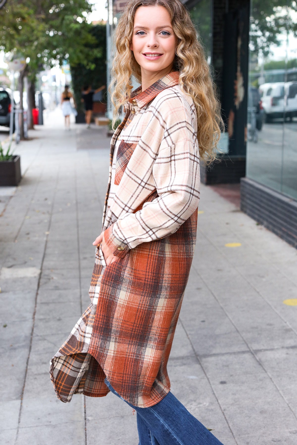 Stand Out Rust & Taupe Color Block Plaid Longline Shacket