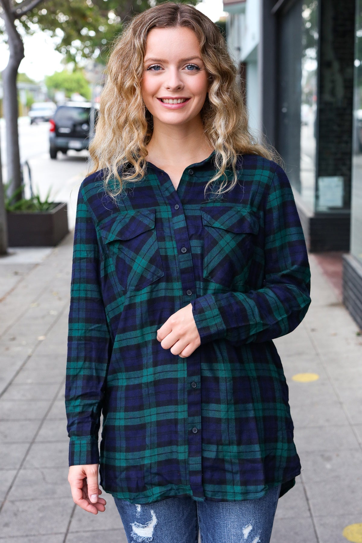 Make A Move Navy & Green Plaid Button Down Long Sleeve Top