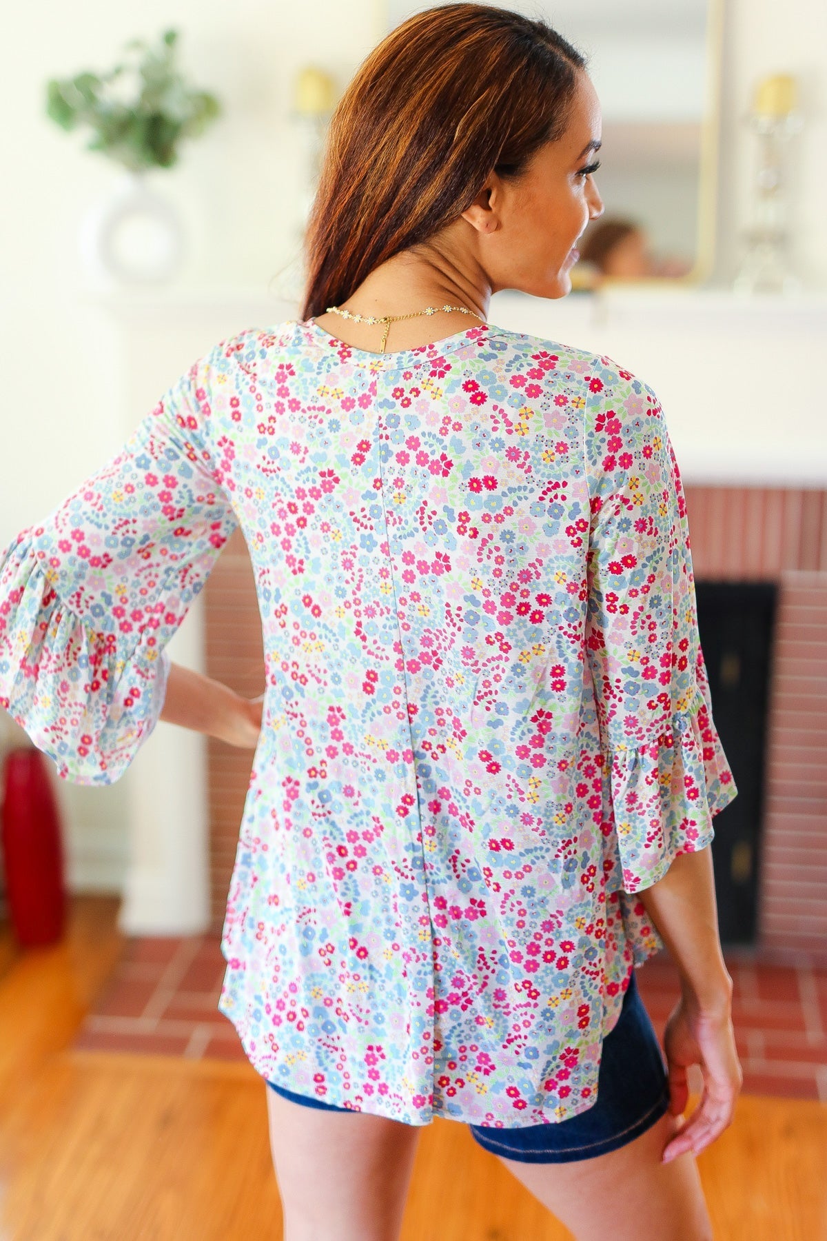 Feeling It Blue Floral Print Ruffle Three Quarter Sleeve Top