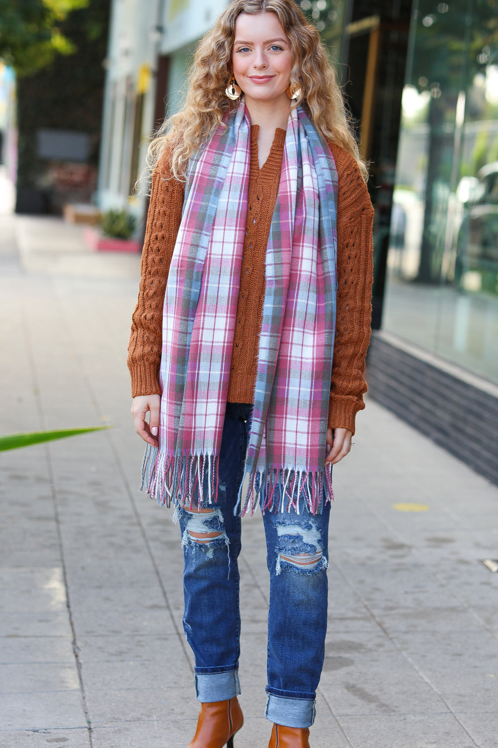 Keep Me Cozy Blue & Light Burgundy Plaid Fringe Scarf