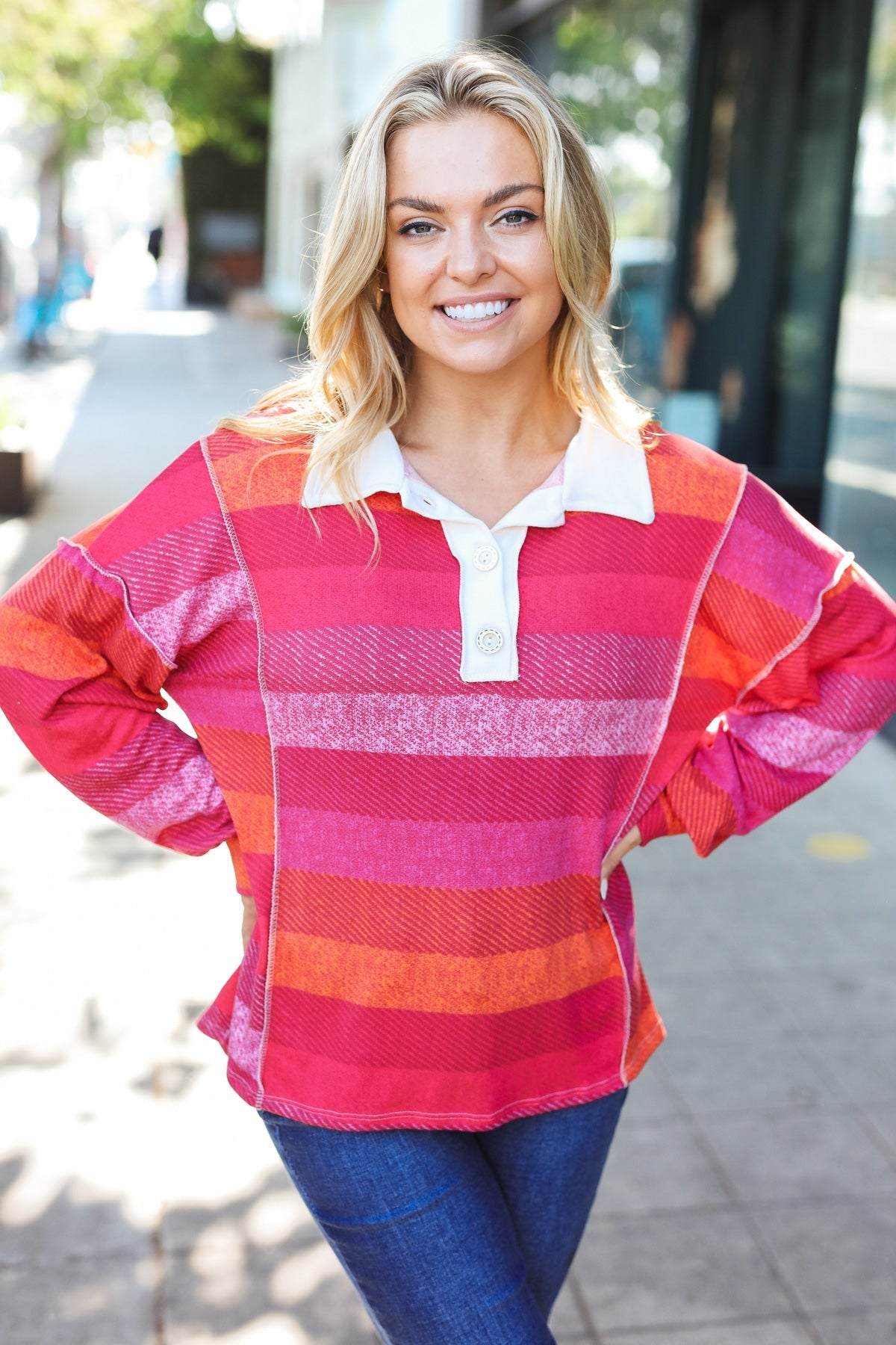 Be Bold Magenta Striped Button Down Placket Collared Top