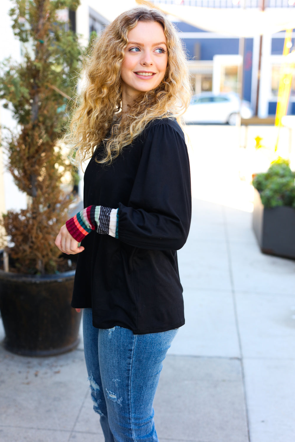 Black Multicolor Stripe Banded Puff Sleeve Top