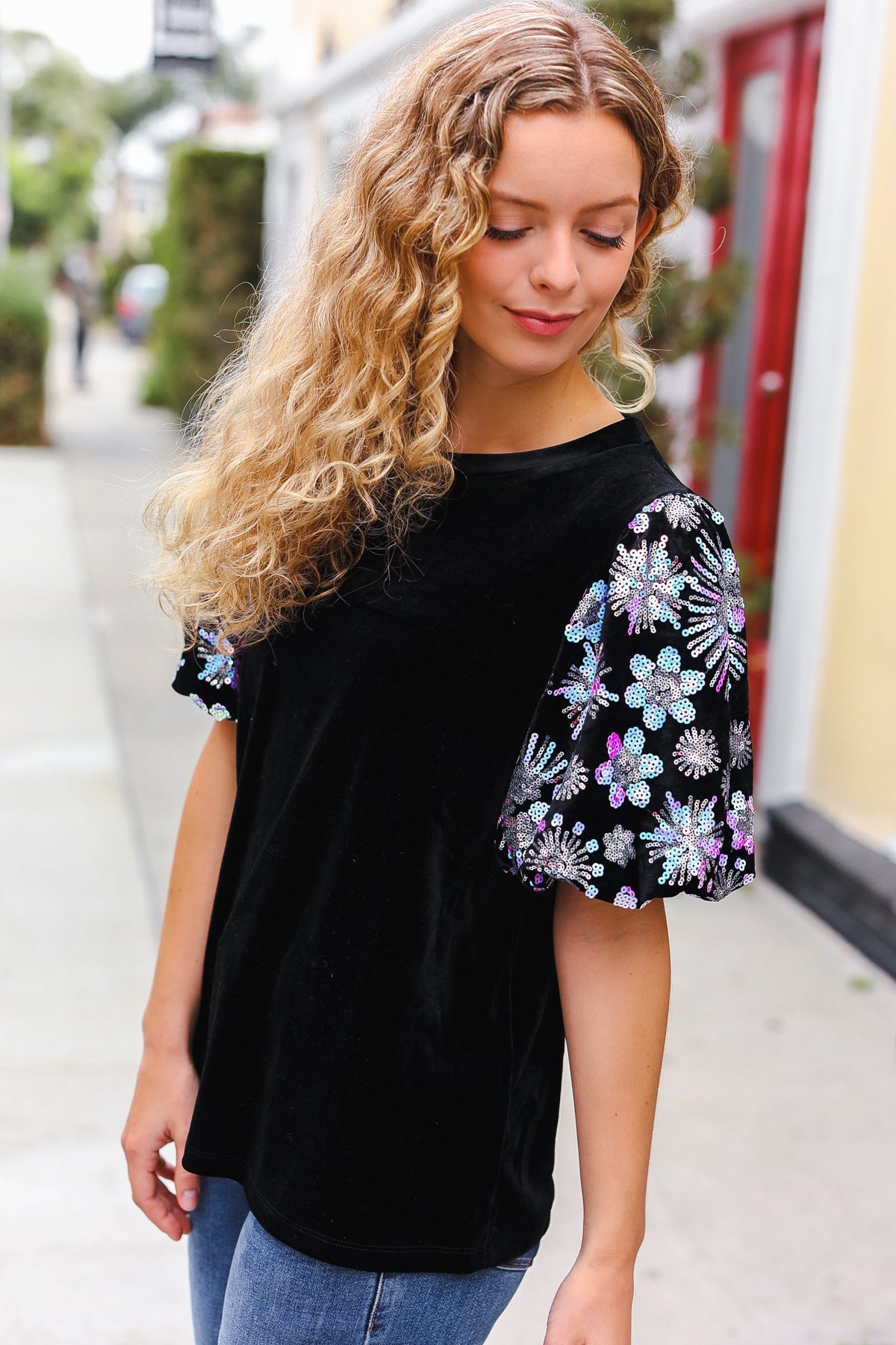 Feeling Glamorous Black Floral Sequin Puff Sleeve Velvet Top